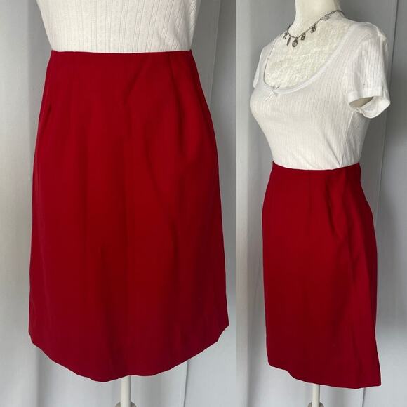Vintage Skirt Size XS Red Solid A Line Knee Length Retro Secretary High Rise - Picture 1 of 14